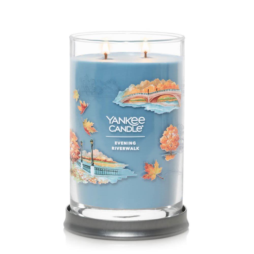 Yankee Candle Evening Riverwalk large tumbler candle with blue wax and autumn riverwalk design