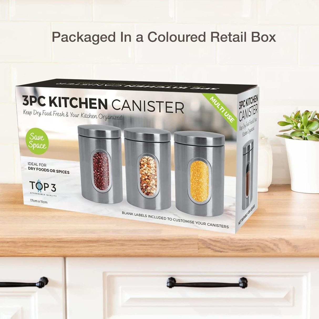 3 Piece Kitchen Canister Set Coffee Tea Sugar Caddy Silver