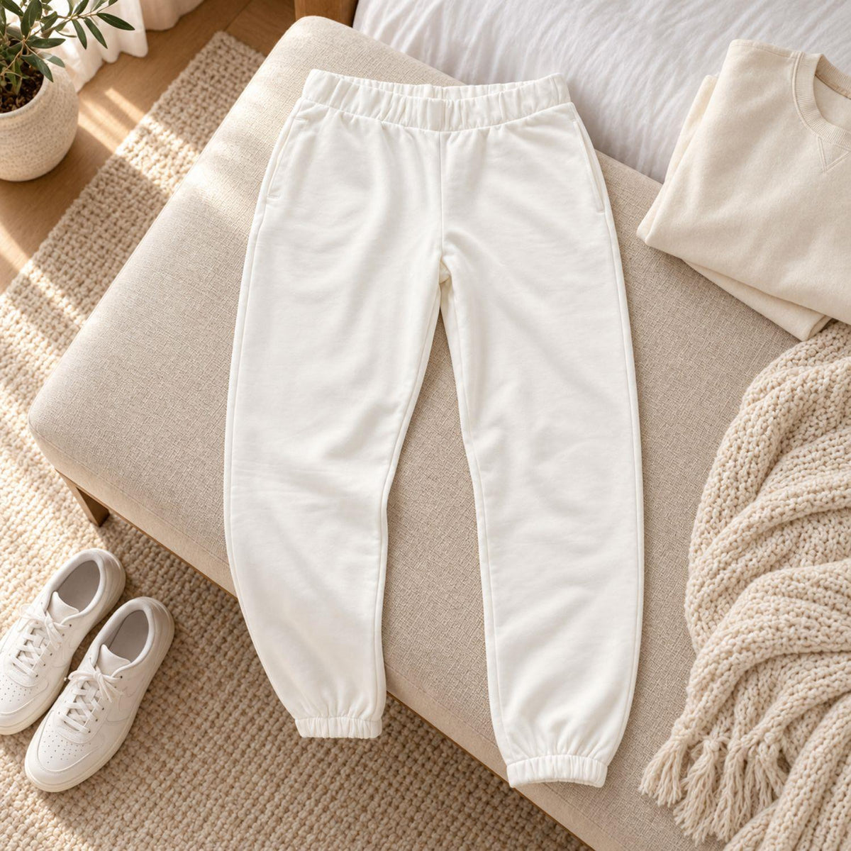 Women's 100% Cotton Elasticated Waist Cuffed Joggers Size L White