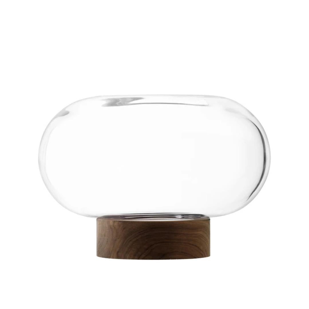 LSA Oblate Glass Vase Lantern 19.5cm with Walnut Base Clear