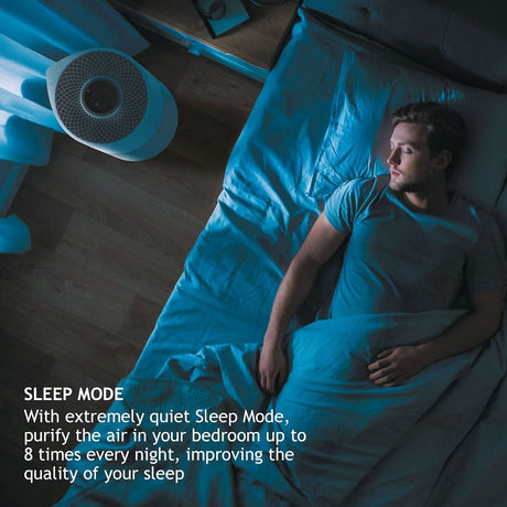 Hoover 300 air purifier in bedroom with man sleeping, highlighting quiet sleep mode for better air quality