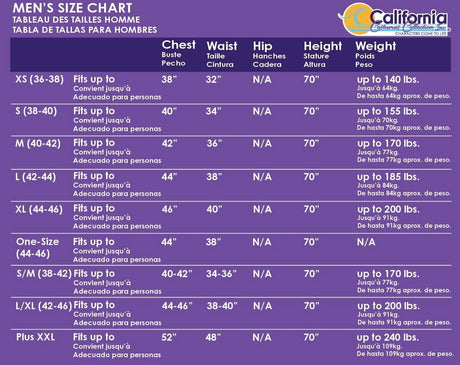 Mens Fancy Dress size chart for 70s men's jumpsuit costume showing chest waist hip height and weight measurements