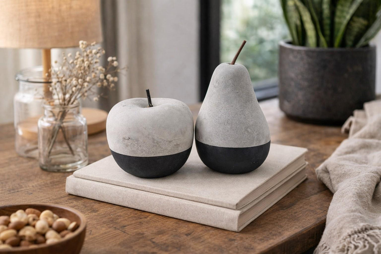 Modern Concrete Apple and Pear Decorative Ornament Set with Black Detail