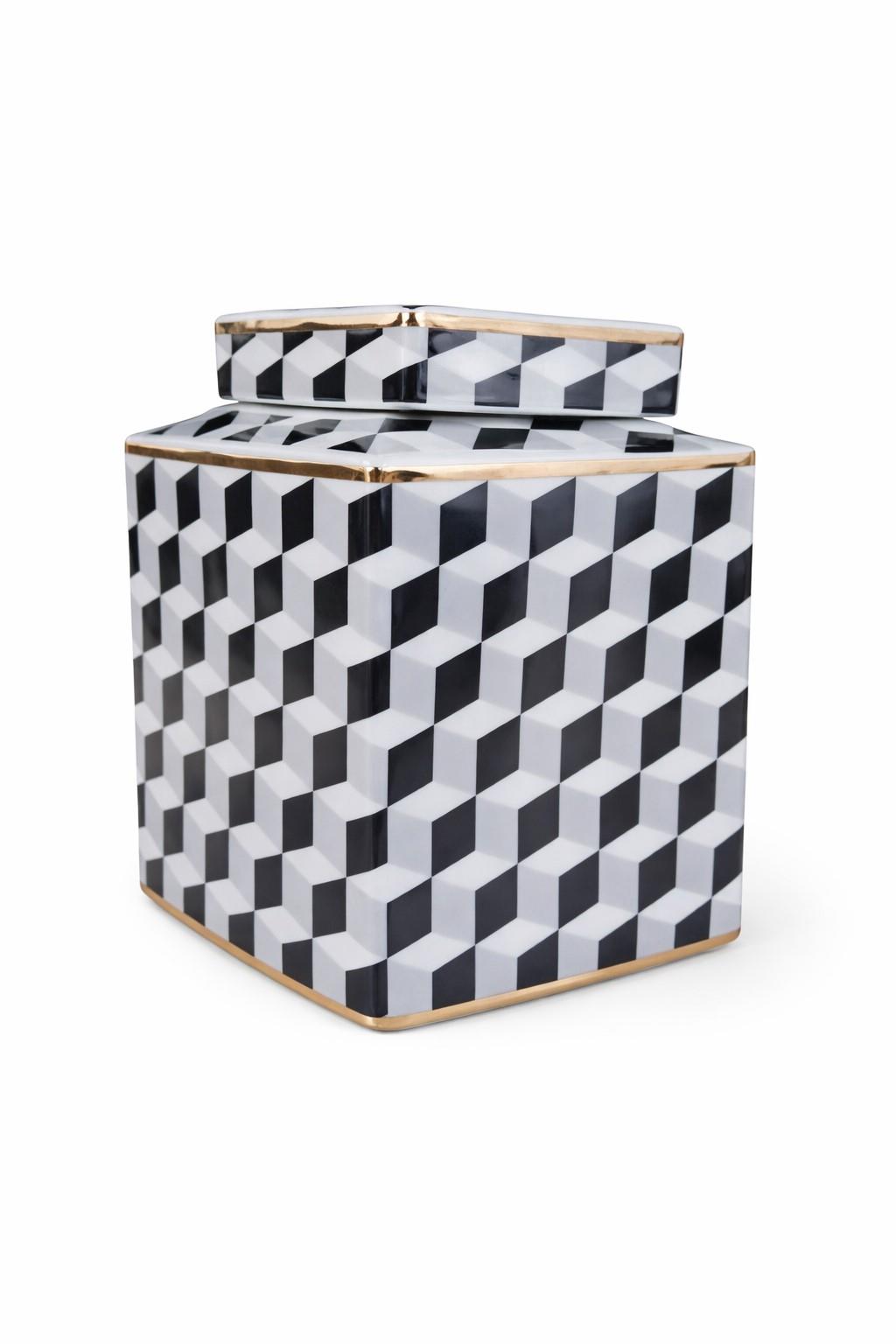 Black and White Geometric Vase with Gold Accent