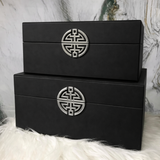 Black Wooden Storage Boxes with Silver Geometric Motif Set of 2