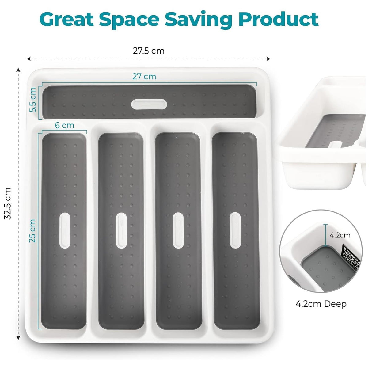 5 Compartment Utensil Cutlery Tray Organiser White and Grey