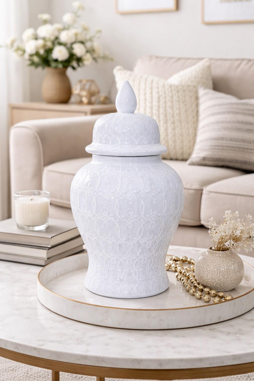 Large White Patterned Ginger Jar with Lid H50cm