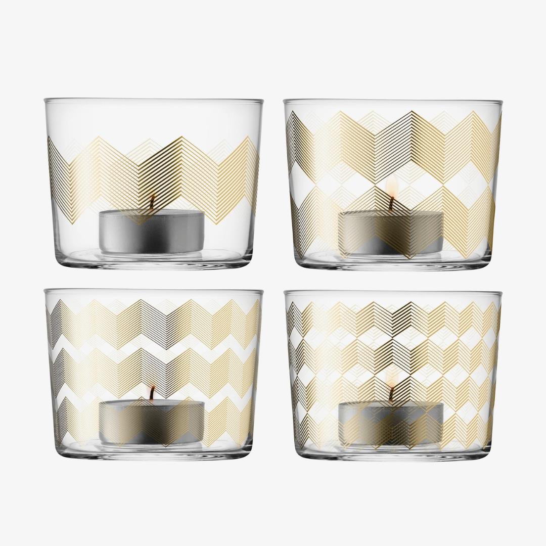 LSA Chevron Glass Tealight Holder Set of 4 Gold