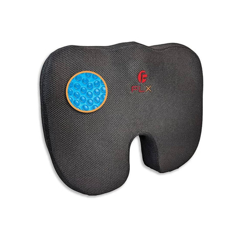 Black orthopedic memory foam seat cushion with contoured design and gel pad for comfort and support