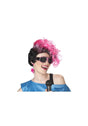 Woman wearing a pink and black 80s costume wig with sunglasses and star earrings holding a microphone