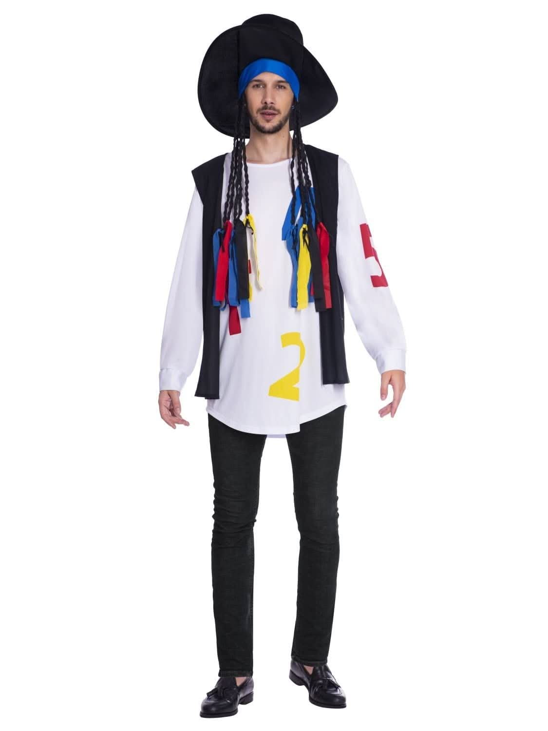 Man wearing 80s pop icon costume with large black hat, colorful tassels, white shirt, and black pants