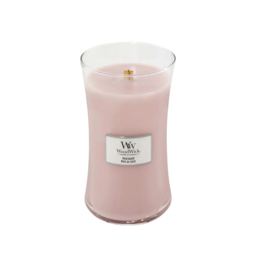 Rosewood scented candle large in a curved glass jar with wooden wick from CLICKK Home Store