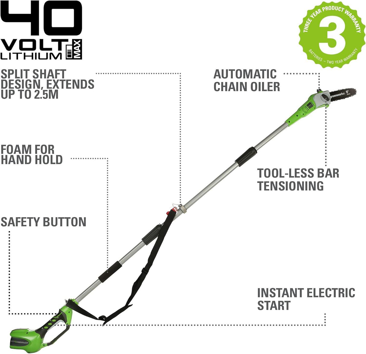 Greenworks 40V 20cm Pole Bar including Battery and Charger Green