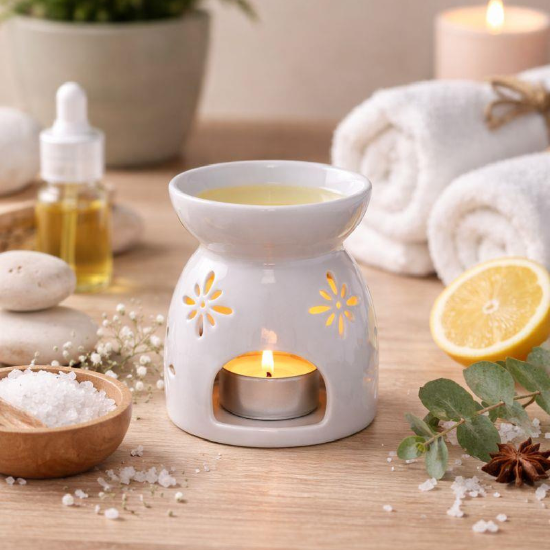 Modern White Ceramic Wax Burner with Decorative Flower Cutouts