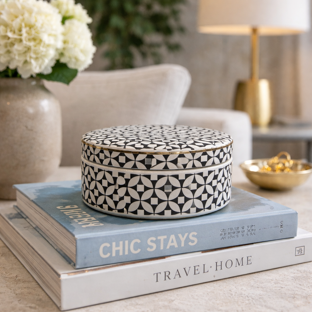 Black & White Geometric Lidded Jar 16.5cm Wide with Gold Rim