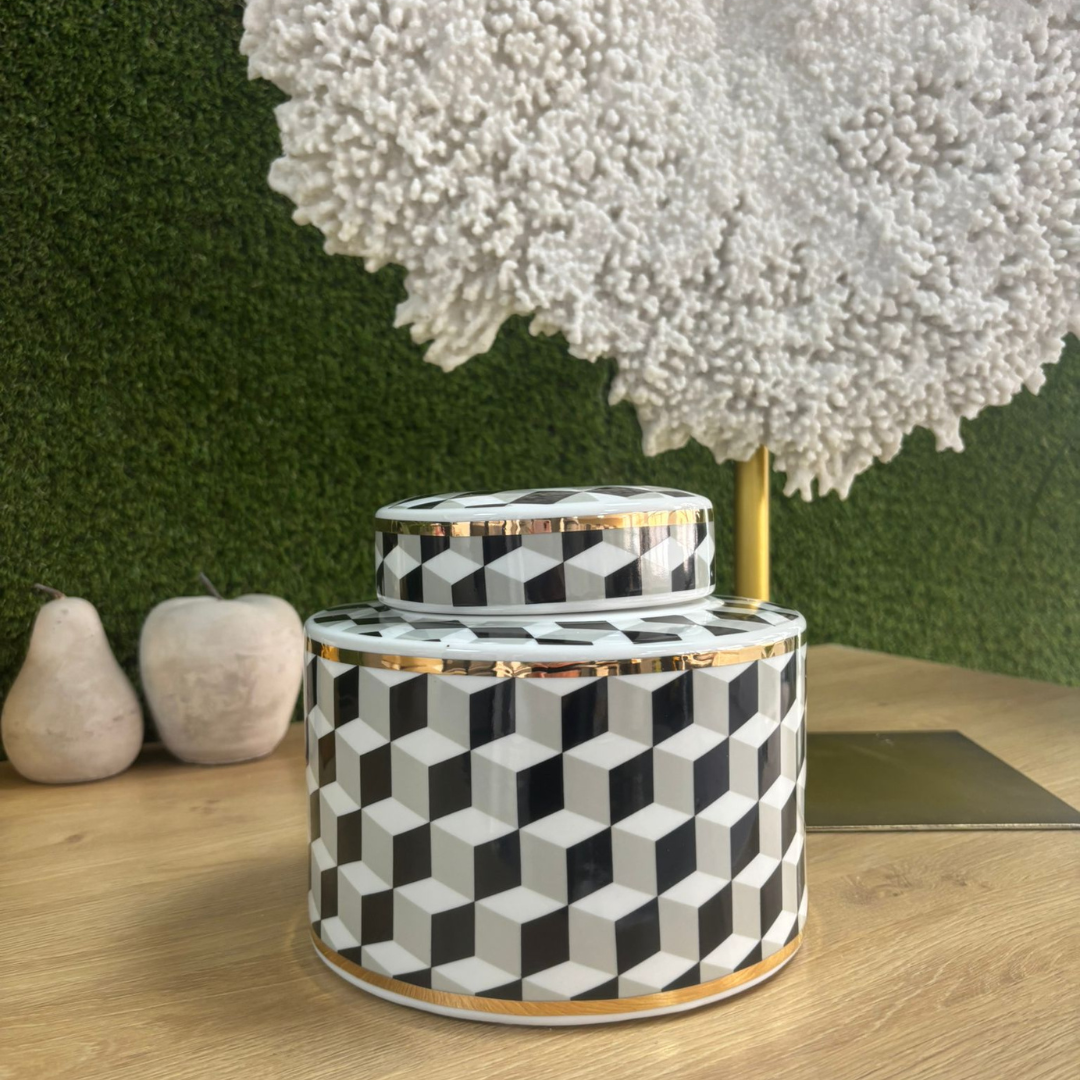 Black & White Geometric Lidded Jar 22cm Wide with Gold Rim