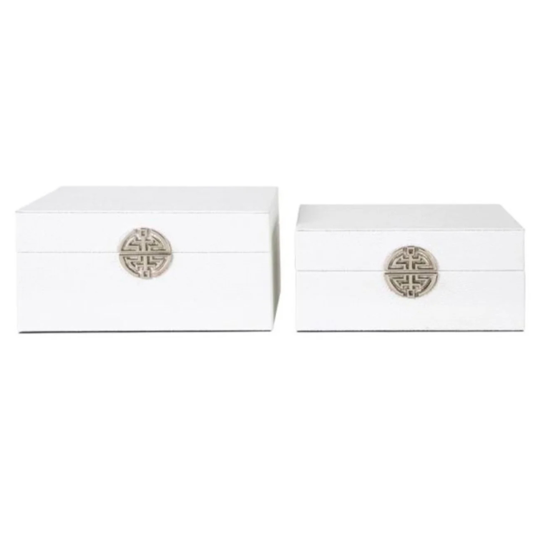 White Faux Leather Keepsake Box with Metal Clasp Set of 2