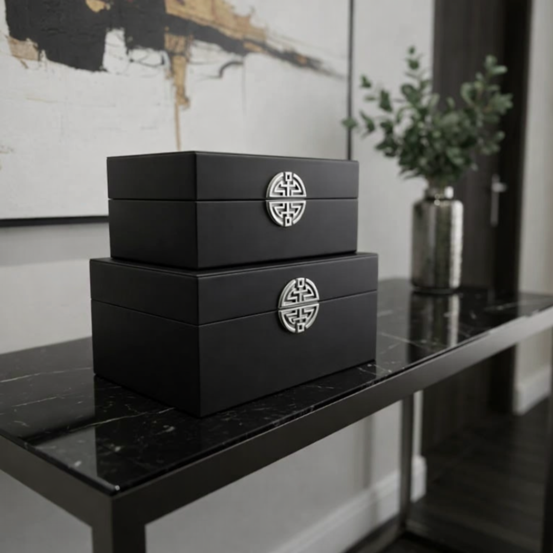 Black Wooden Storage Boxes with Silver Geometric Motif Set of 2