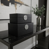 Black Wooden Storage Boxes with Silver Geometric Motif Set of 2