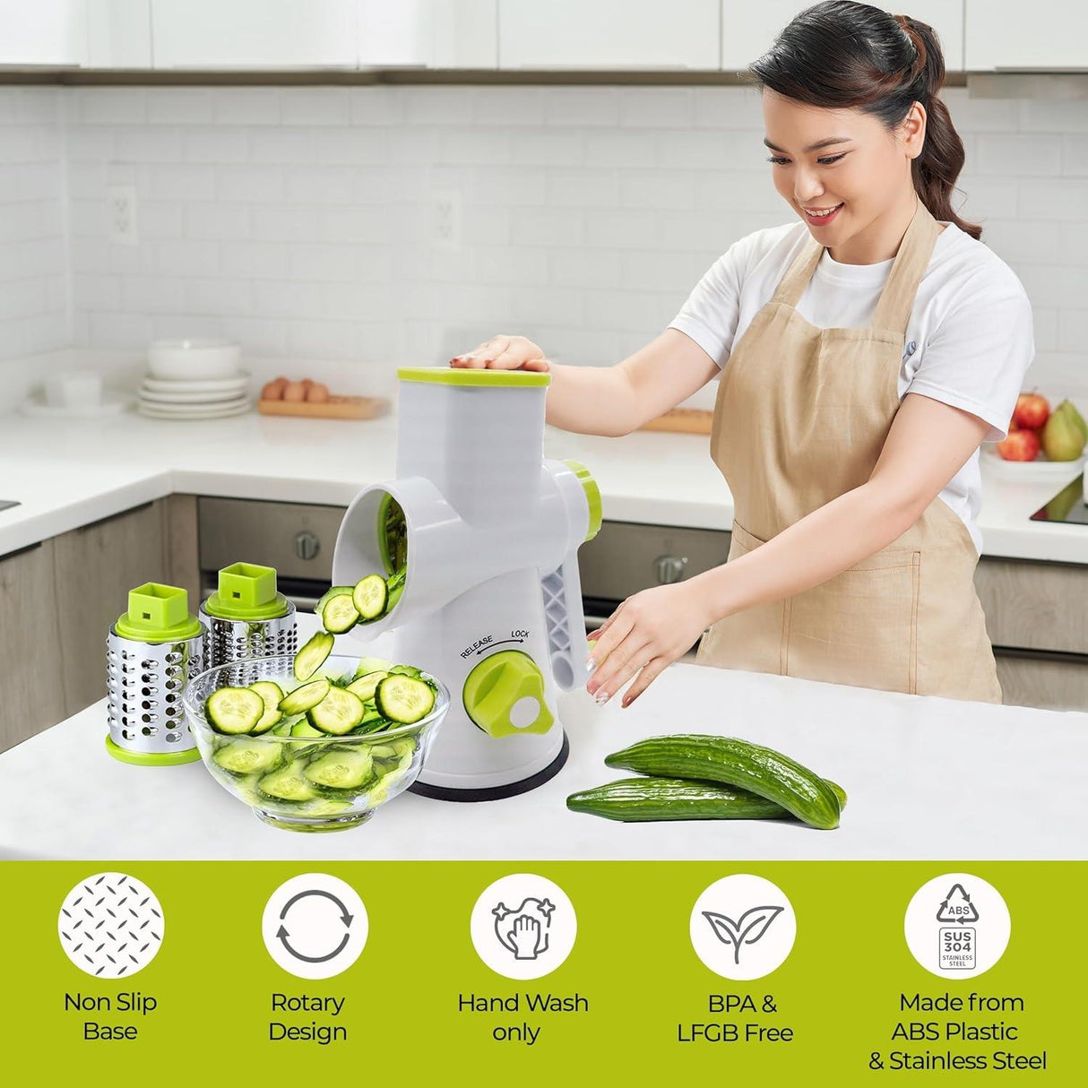 Rotary Food Grater with 3 Stainless Steel Attachments White and Green