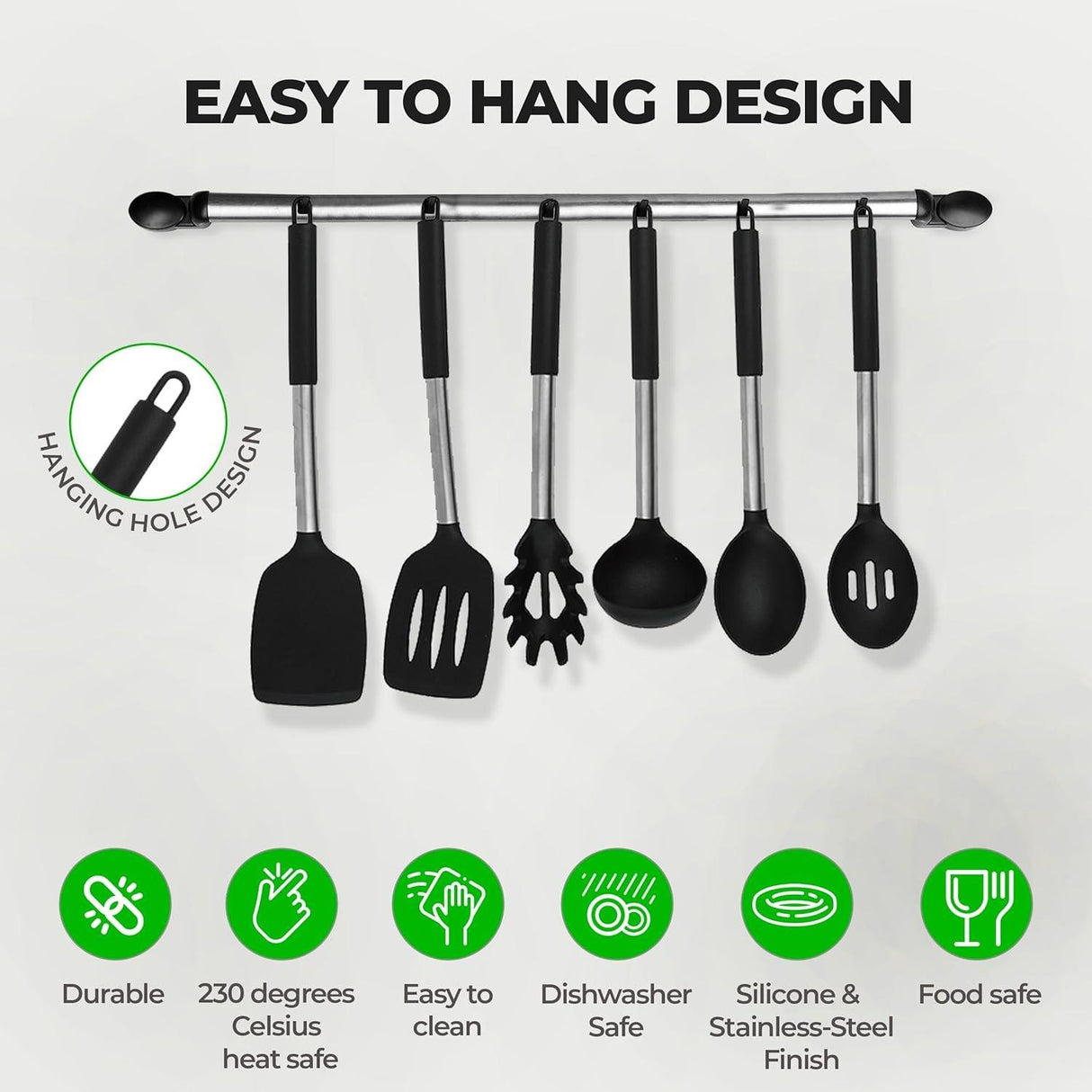 8 Piece Silicone Kitchen Utensil Set with Storage Bucket Black
