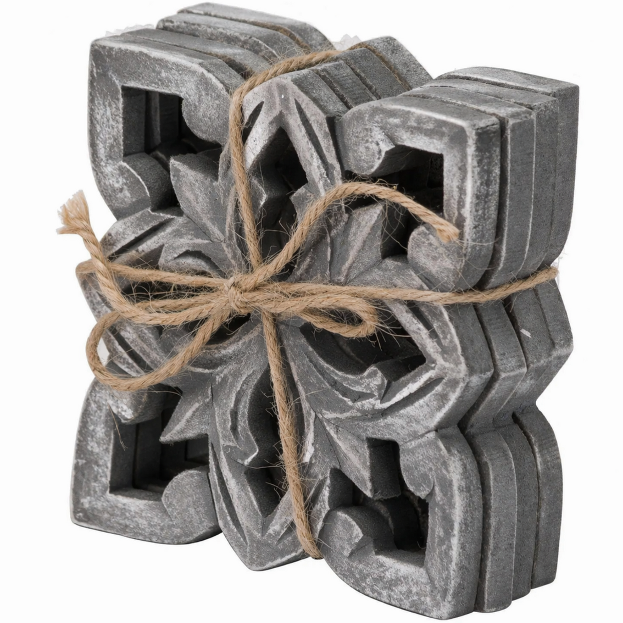 Grey Metallic Carved Coasters Set Rustic Decorative Table Drink Mats