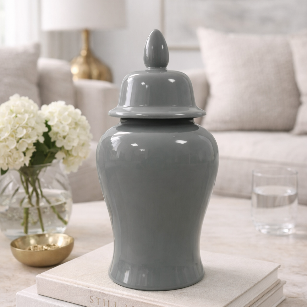 Grey Ceramic Lidded Vase H50cm Gloss Decorative Ornament