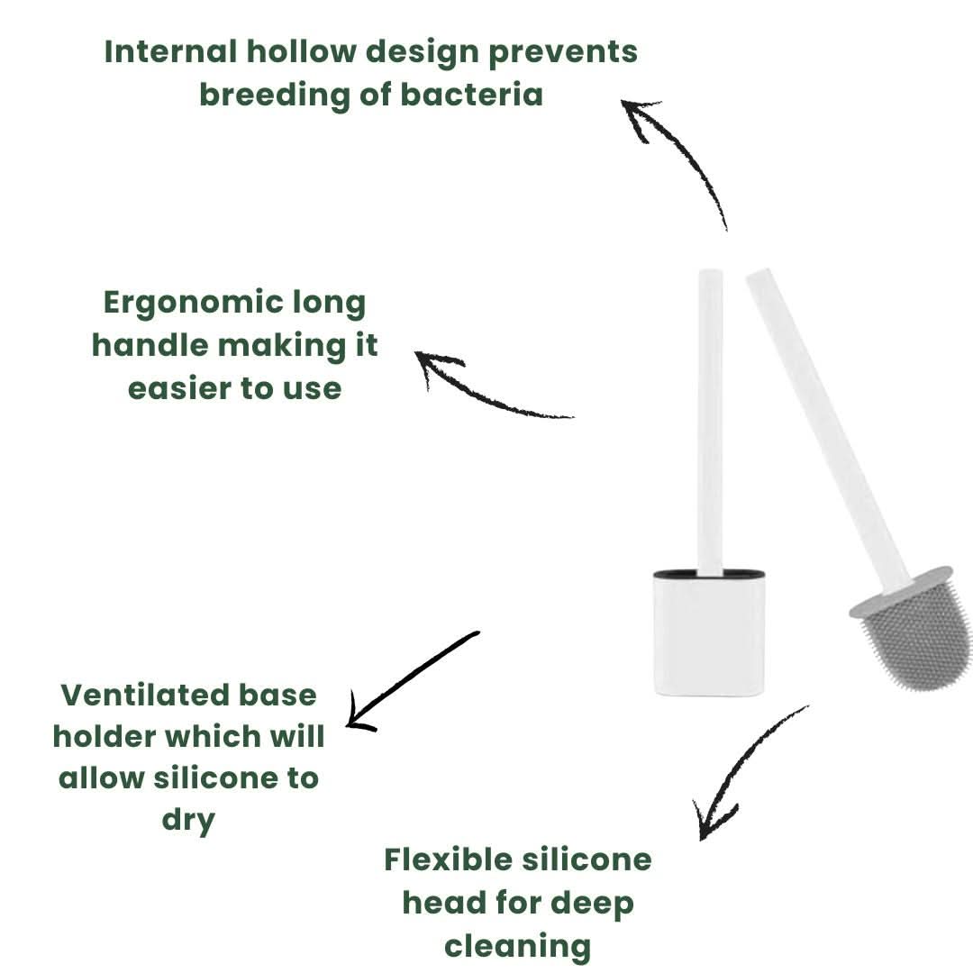 Silicone Toilet Brush and Holder TPR None Slip Long Plastic Handle White