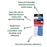 Dirt Devil Pack of 2 Kitchen Microfibre Towels 30 x 30cm Blue White
