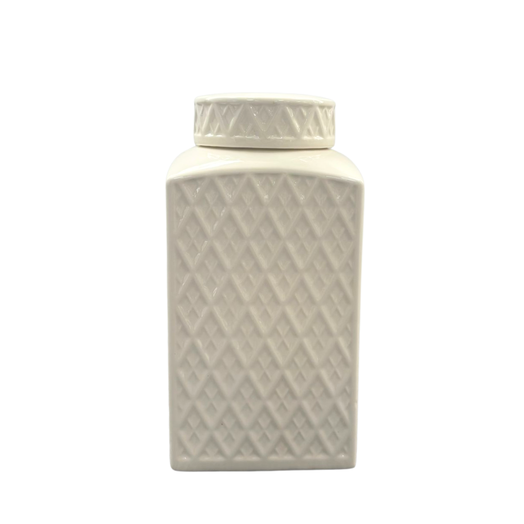 Embossed Diamond Glossy Ceramic Lidded Jar H29cm White