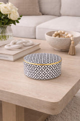 Black & White Geometric Lidded Jar 20cm Wide with Gold Rim