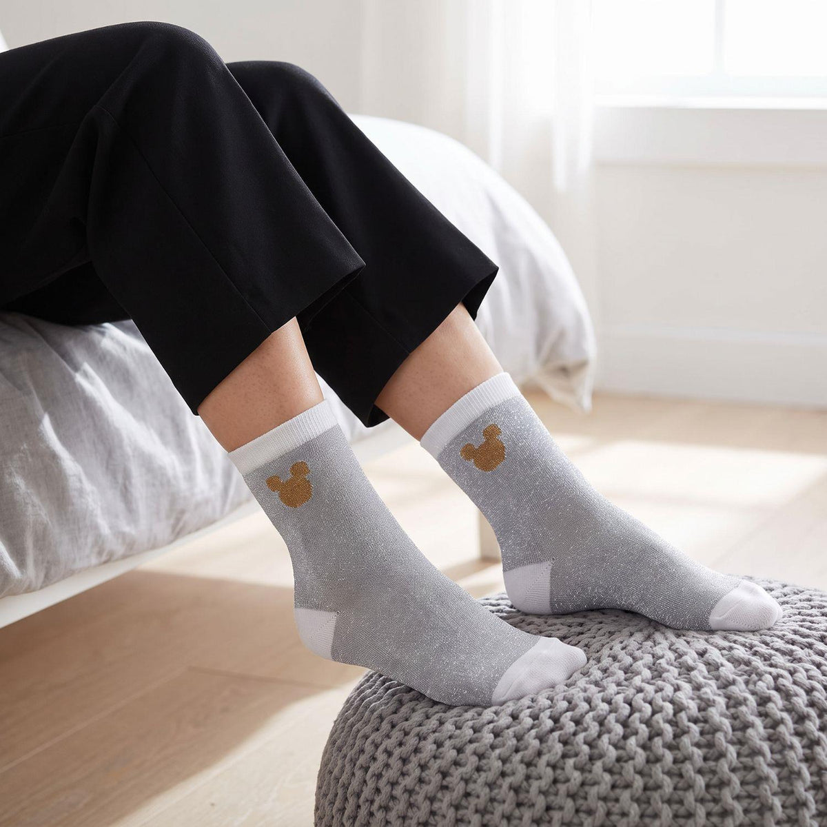 Women's Disney Mickey Mouse Glitter Socks 6 Pairs UK 6-8 Silver and White