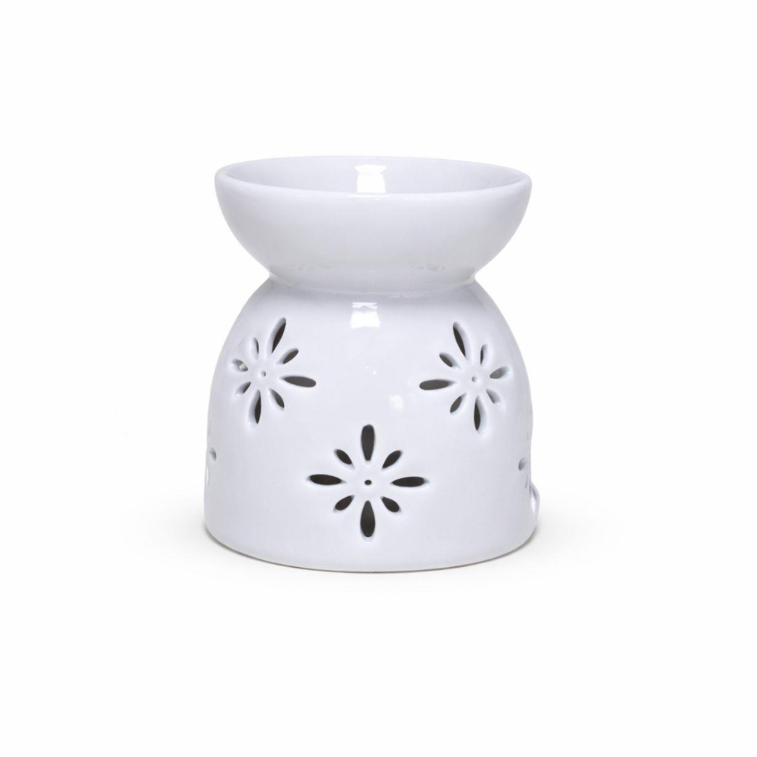 Modern White Ceramic Wax Burner with Decorative Flower Cutouts