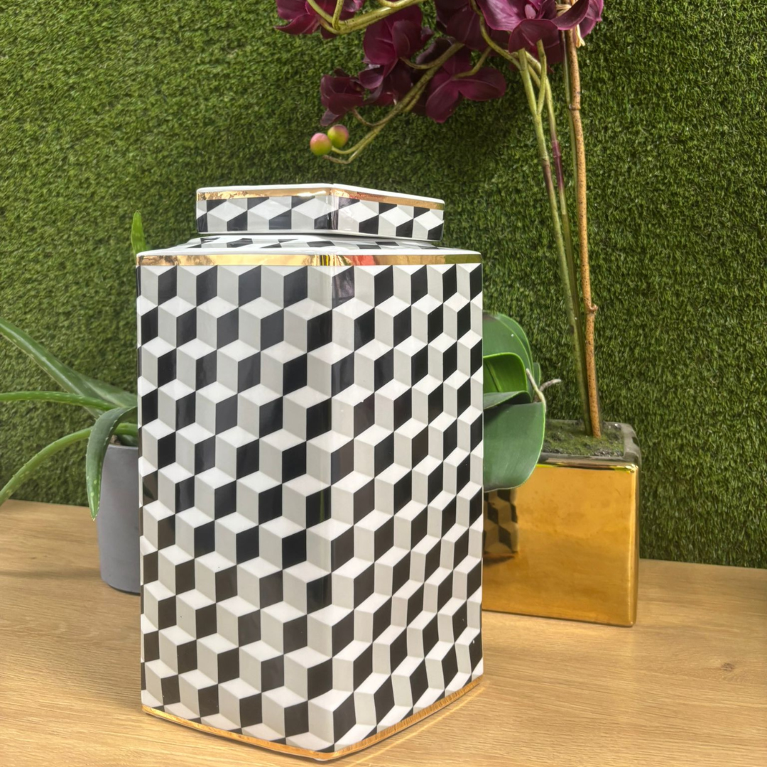 Black and White Geometric Vase with Gold Accent Approx 32cm