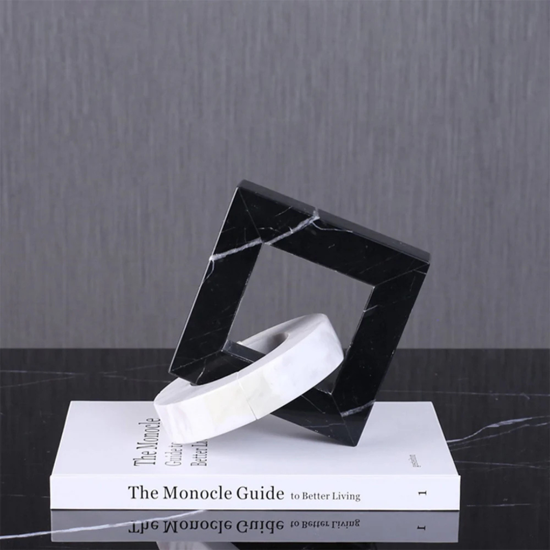 Marble Square and Ring Decorative Accent Black and White
