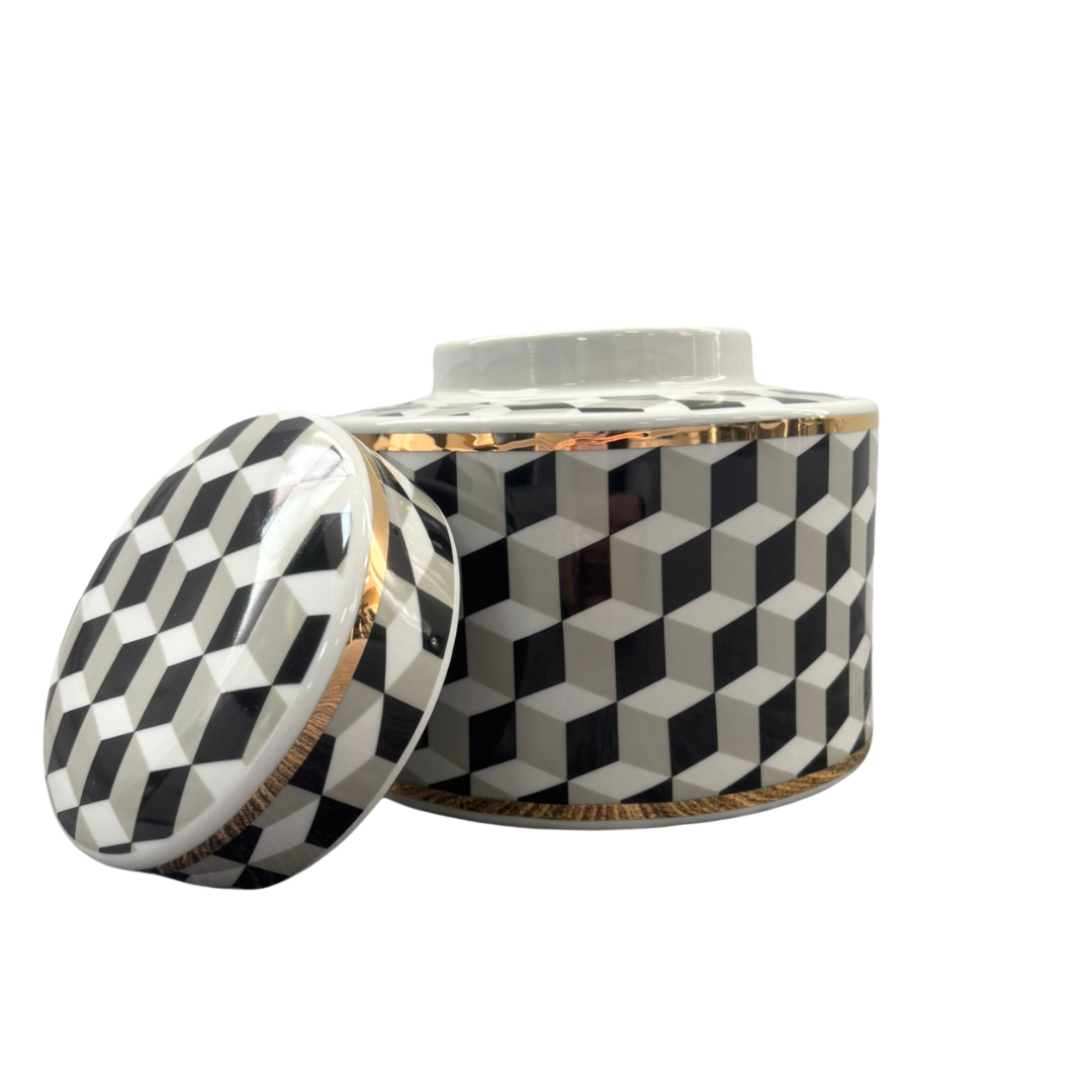 Black & White Geometric Lidded Jar 22cm Wide with Gold Rim