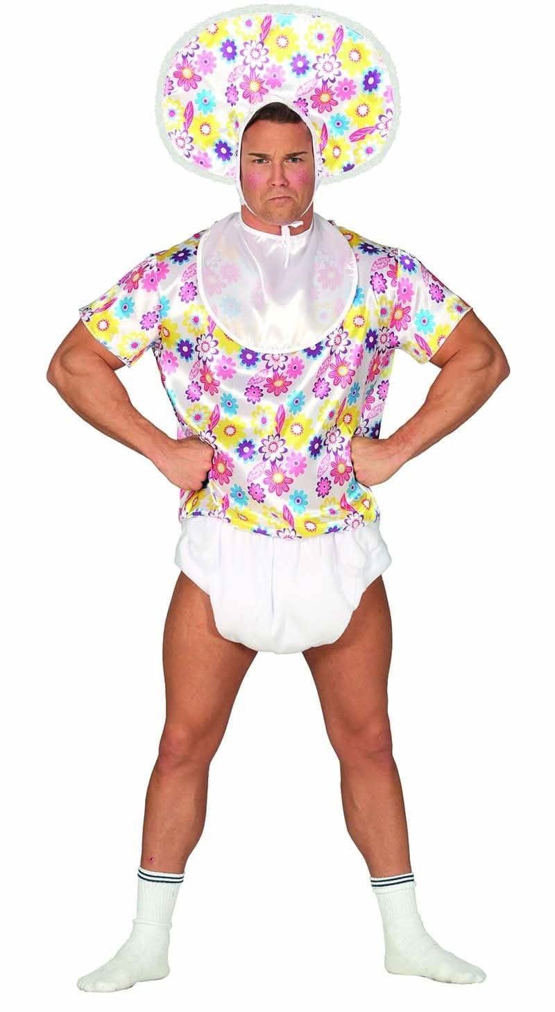 Adult male wearing floral print adult baby costume with bonnet, bib, and diaper-style shorts
