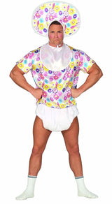 Adult male wearing floral print adult baby costume with bonnet, bib, and diaper-style shorts