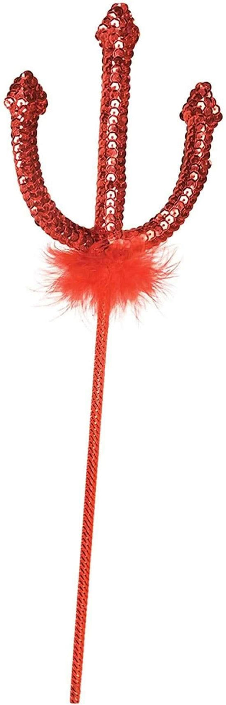 Red sequin adult devil costume accessories trident with feather detail from Fancy Dress