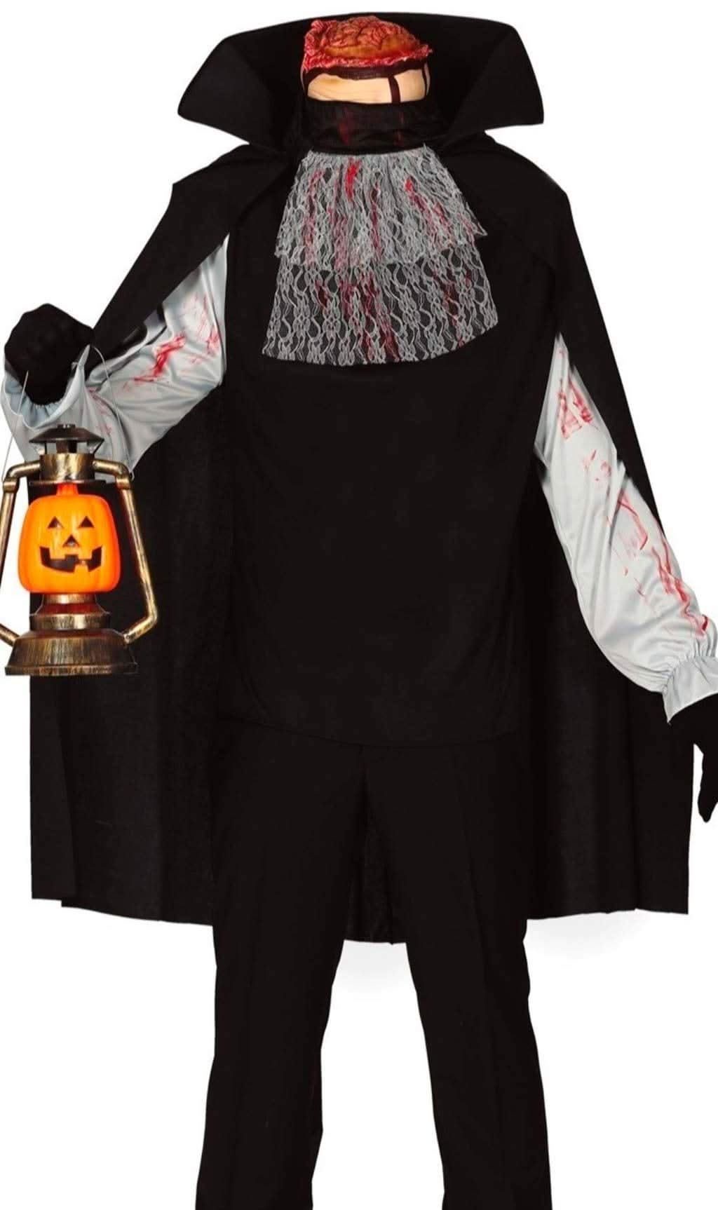 Adult headless vampire costume by Fancy Dress with black cape, lace details, and pumpkin lantern accessory