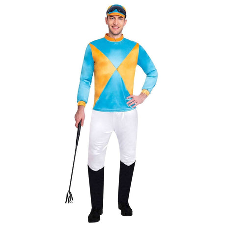 Man wearing an adult horse jockey costume with blue and yellow top, white pants, black boots, and matching cap