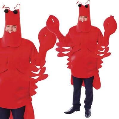 Adult lobster costume outfit in bright red with claws and antenna headpiece for men