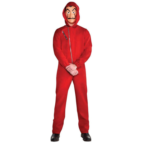 Adult money heist jumpsuit in red with hood and zipper, worn with a Salvador Dali mask
