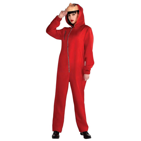 Woman wearing red adult money heist jumpsuit with hood and front zipper holding mask