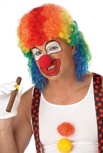 Adult man wearing an adult rainbow clown wig with red nose and colorful face paint holding a cigar