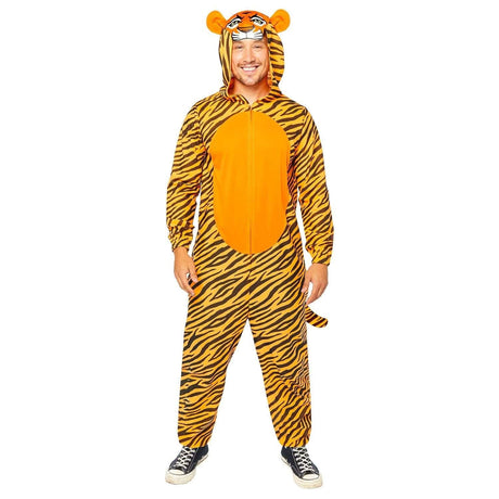 Mens Fancy Dress adult tiger onesie XXL with hood, tiger stripes, ears, and tail costume