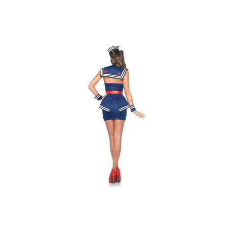 Back view of adult women's sailor costume with navy blue shorts and hat from CLICKK Home Store