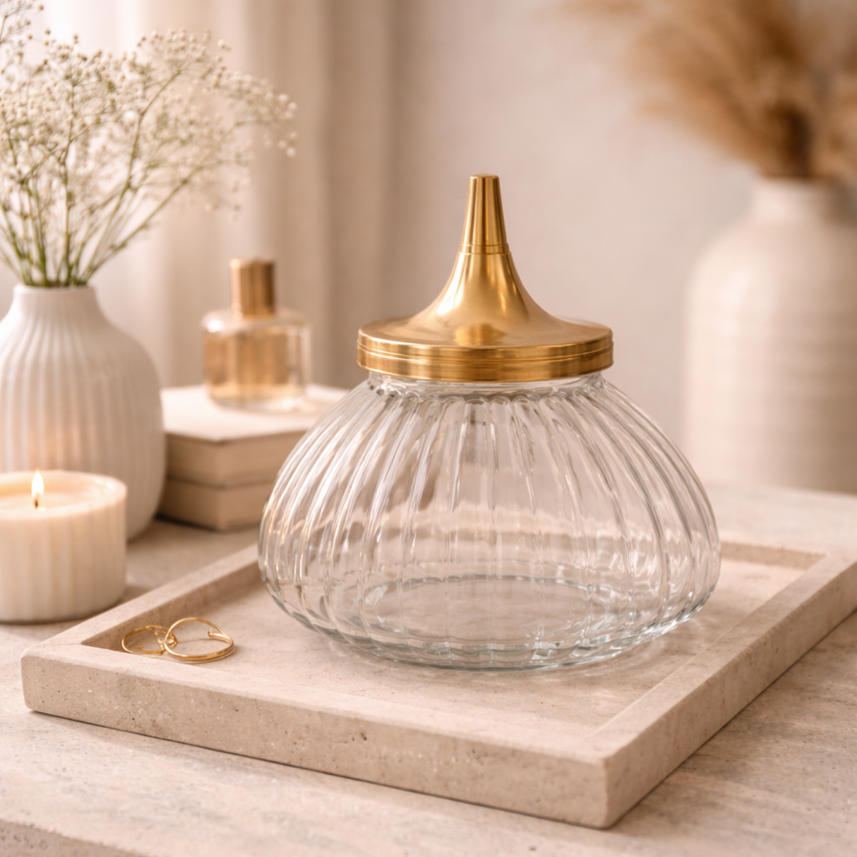 Glass Jar with Antique Brass Lid H14cm