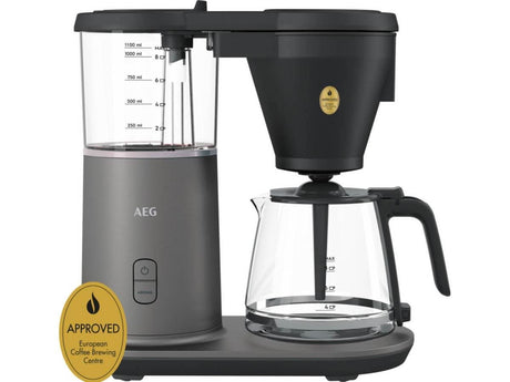 AEG coffee machine 1600W with transparent water reservoir and glass carafe in modern black design