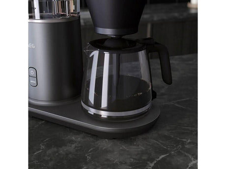 AEG coffee machine 1600W with glass carafe and black modern design on countertop